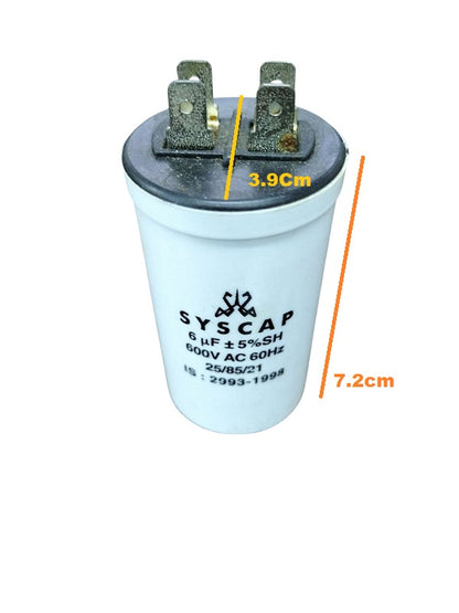 Syscap Motor Capacitor rated at 6 µF for AC applications with dimensions of 3.9 cm by 7.2 cm