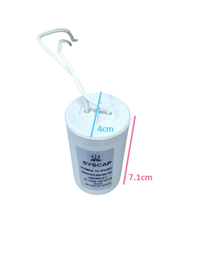 Syscap motor capacitor with dimensions 4cm diameter and 7.1cm height for electrical circuits