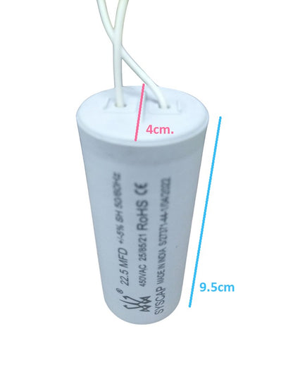 Syscap motor capacitor for sale white cylindrical electrical component with wires and size markings