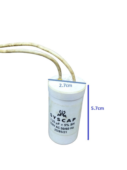 Syscap motor capacitor with wires showing dimensions 2.7 cm diameter and 5.7 cm height