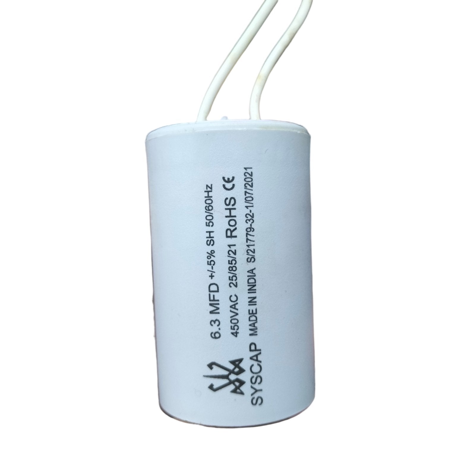 Motor Run Capacitor 6.30 UF 450VAC with white casing and connection wires for electrical applications