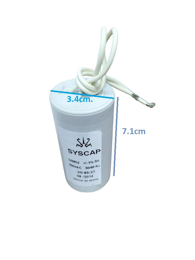Syscap Motor Running Capacitor 14MFD 350V with white cylindrical body and attached wires