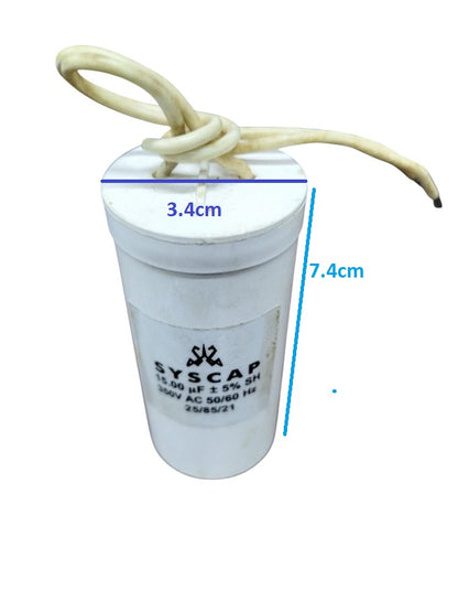 Syscap motor running capacitor 15mfd with wires and voltage specifications for electrical circuitry