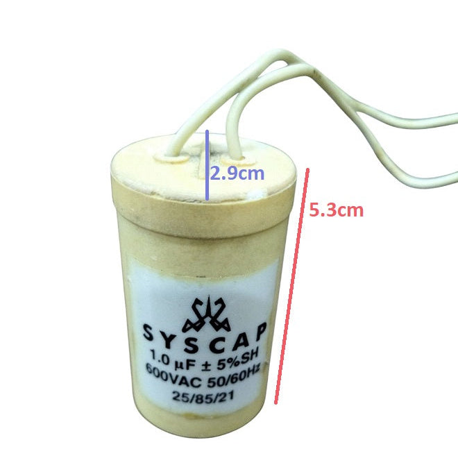 SYSCAP Motor Running Capacitor 1MFD 600V AC cylindrical electrical component with connecting wires