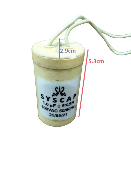 SYSCAP Motor Running Capacitor 1MFD 600V AC cylindrical electrical component with connecting wires