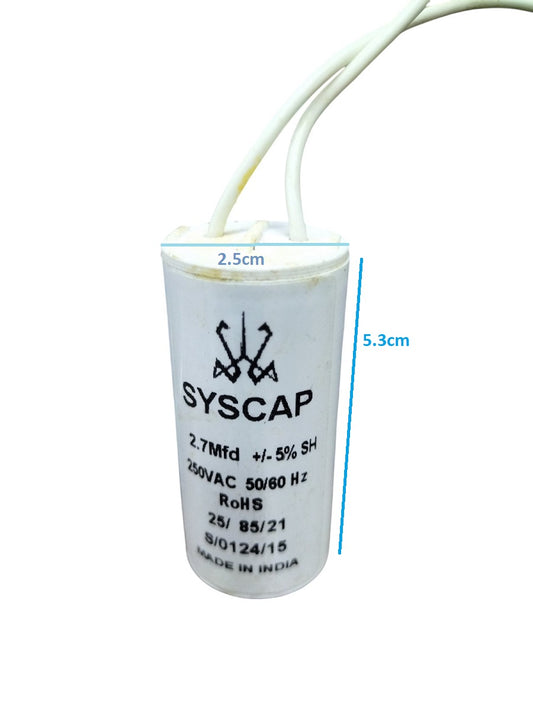 Syscap Motor Running Capacitor 2.7MFD250v with electrical specifications and dimensions shown