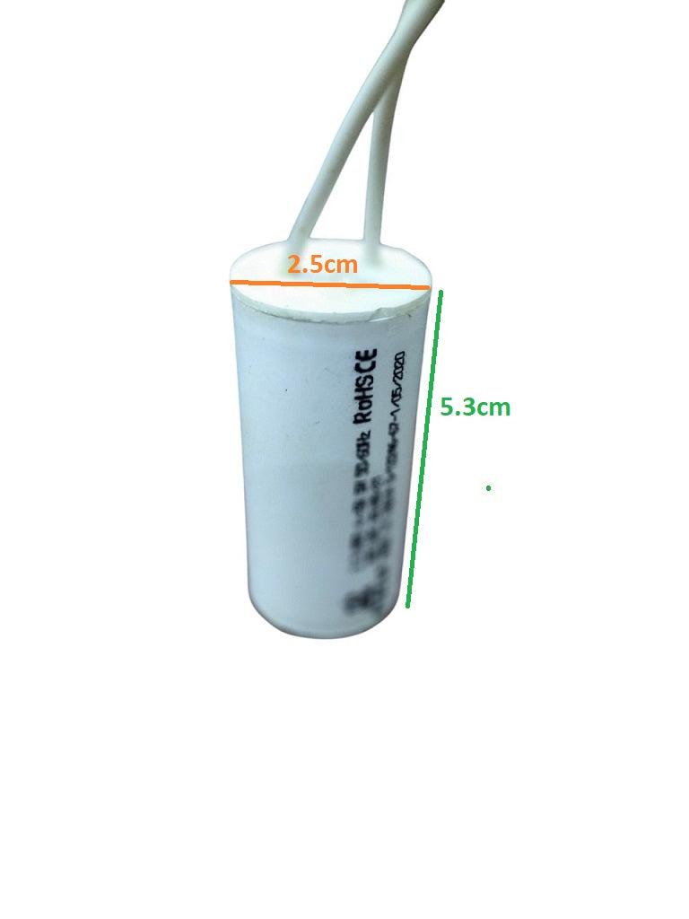 Syscap Motor Running Capacitor 2MFD in white with dimensions for electrical applications