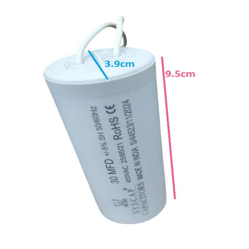 Syscap motor running capacitor 30 MFD 450VAC cylindrical electrical component with wires
