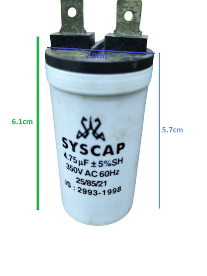 Syscap Motor Running Capacitor 350 VAC, 4.75 micron, dimensions 6.1cm x 5.7cm