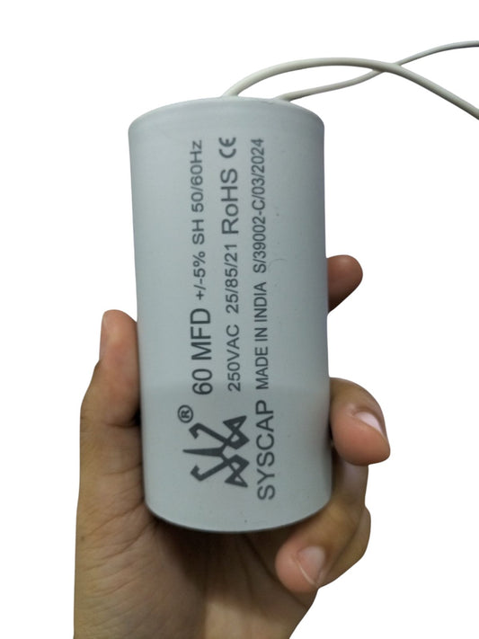 Syscap motor running capacitor 60MFD 250V with white casing for electrical circuits