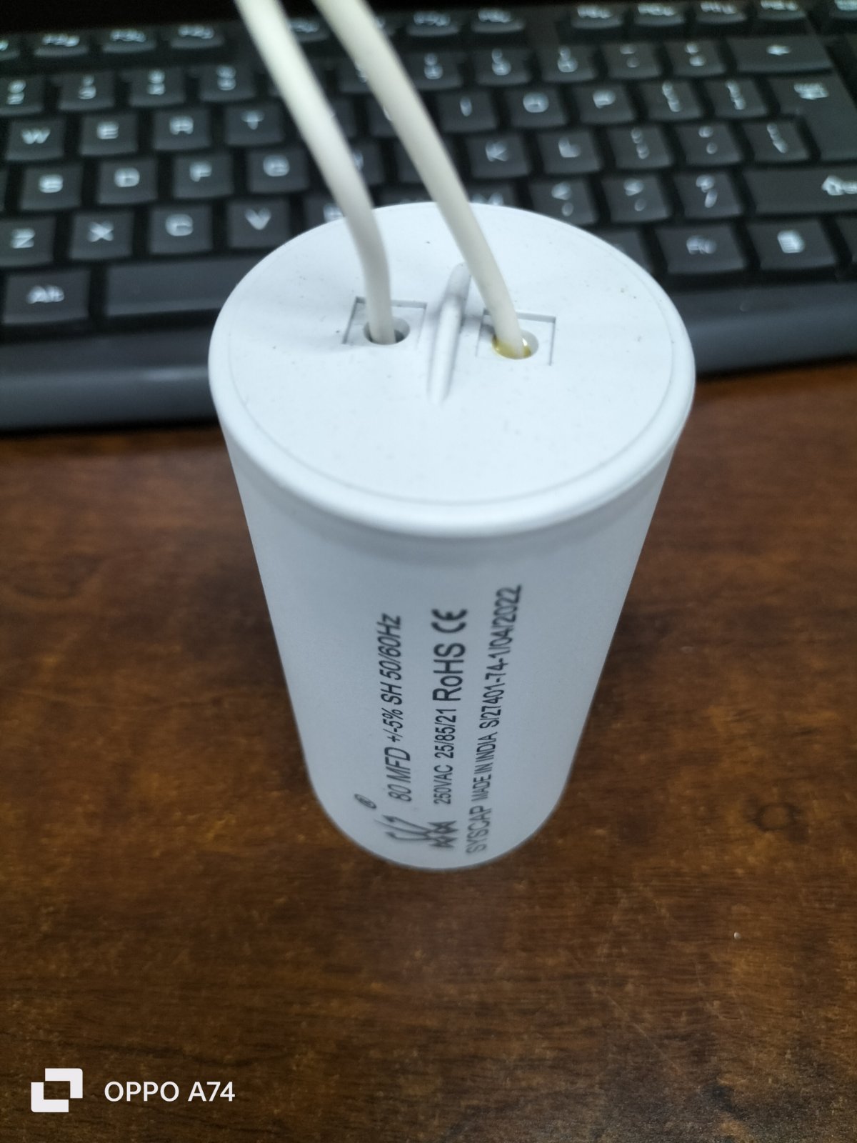 SYSCAP Motor Running capacitor 80Mfd 250V AC white cylindrical electrical component with wires