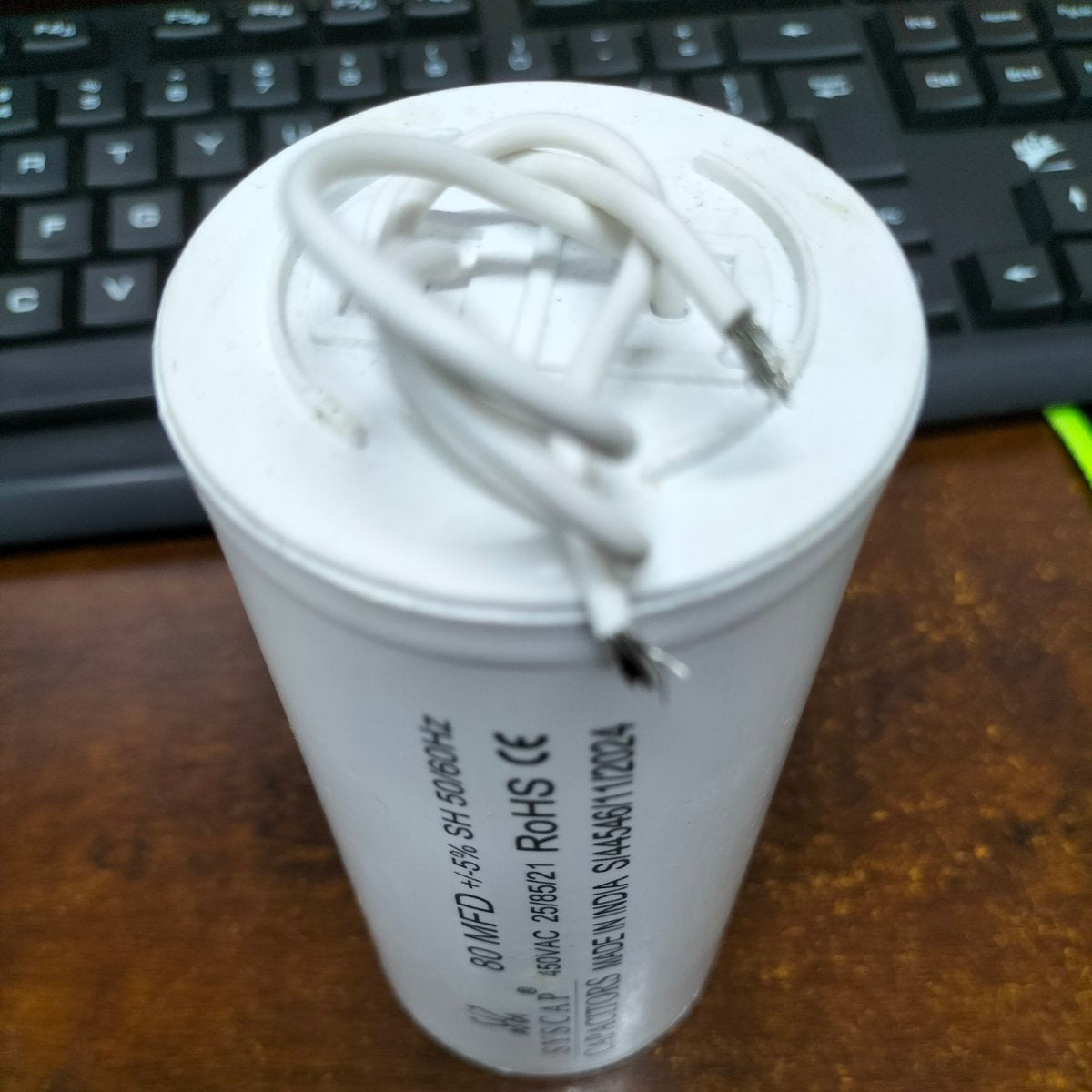 SYSCAP Motor Running Capacitor 80MFD 450V AC white cylindrical electrical component with attached wires