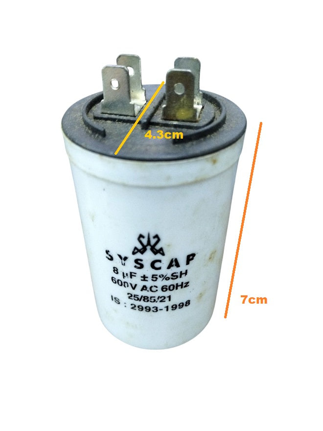SYSCAP motor running capacitor 8MFD 600V AC white cylindrical electrical component with metal terminals