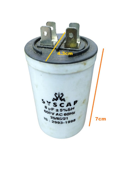 SYSCAP motor running capacitor 8MFD 600V AC white cylindrical electrical component with metal terminals
