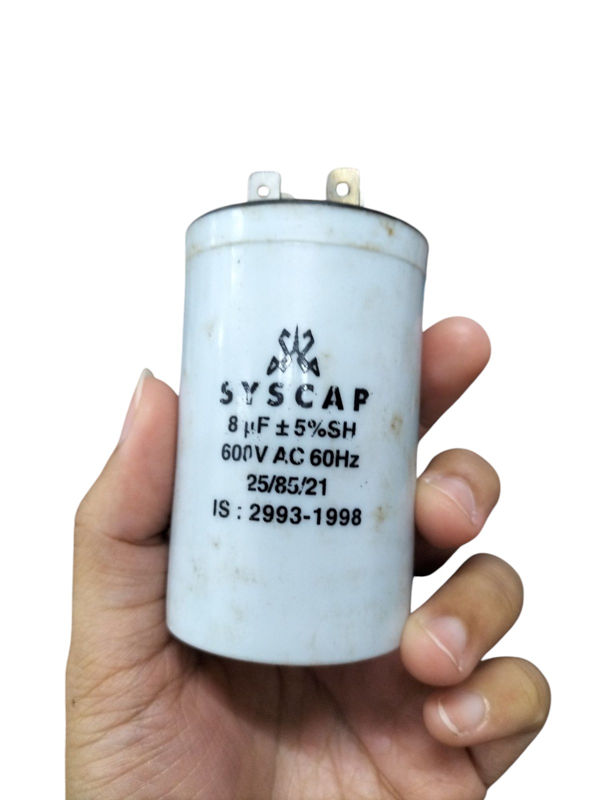 SYSCAP motor running capacitor 8MFD 600V AC white cylindrical electrical part held in hand