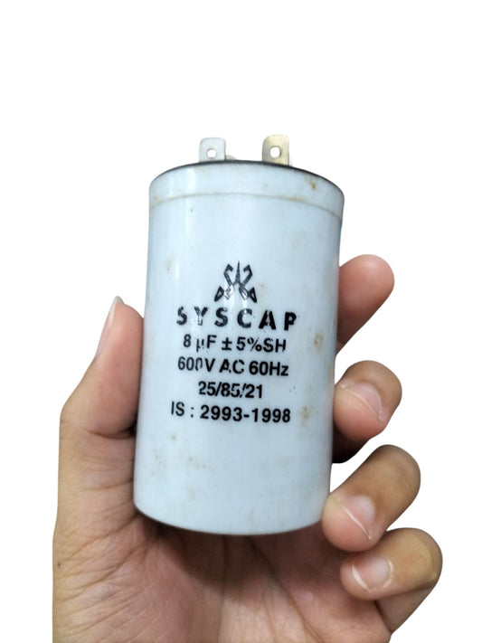 SYSCAP motor running capacitor 8MFD 600V AC white cylindrical electrical part held in hand