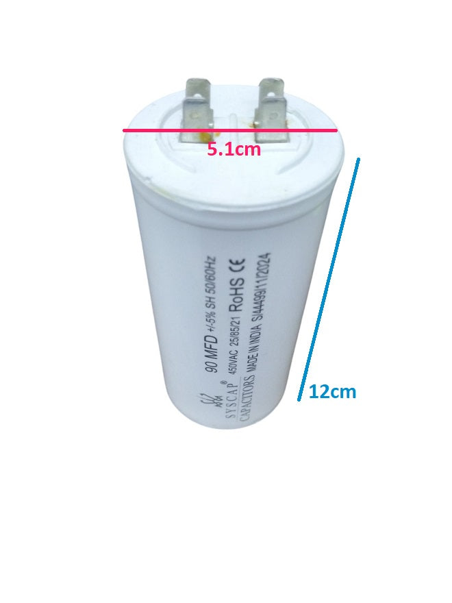 SYSCAP Motor Running Capacitor 90MFD 450V AC white cylindrical electrical component with metal terminals