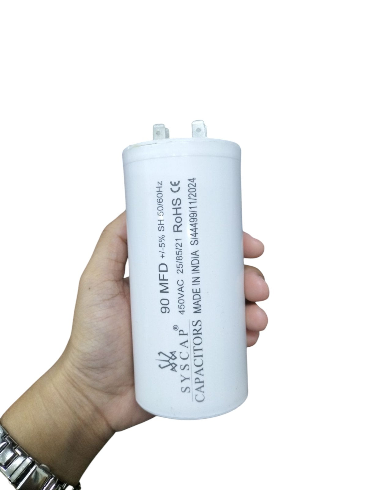 SYSCAP Motor Running Capacitor 90MFD 450V AC held in hand for electrical circuitry and parts