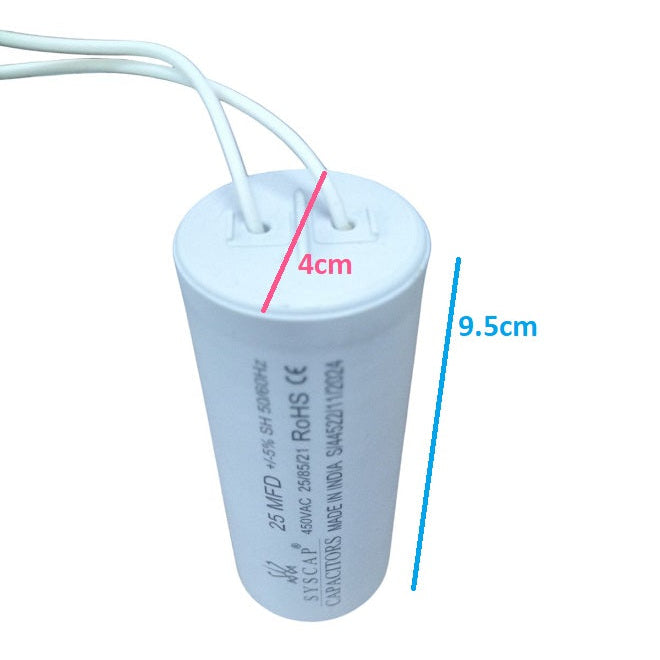 Syscap motor running capacitor industrial with white cylindrical body and attached wires