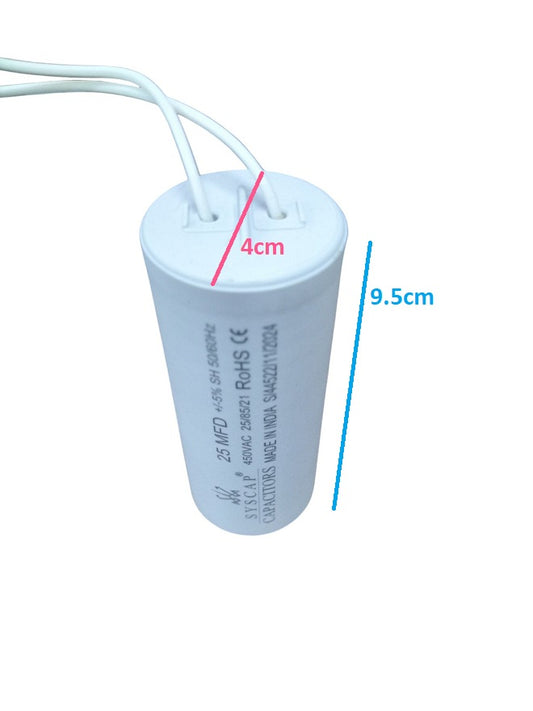 Syscap motor running capacitor industrial with white cylindrical body and attached wires
