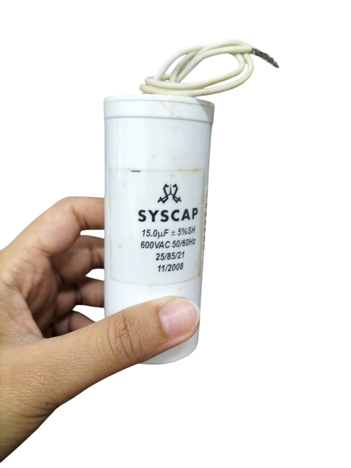 Syscap Running Capacitor 15uF 600V with wires, ideal for electrical circuit applications