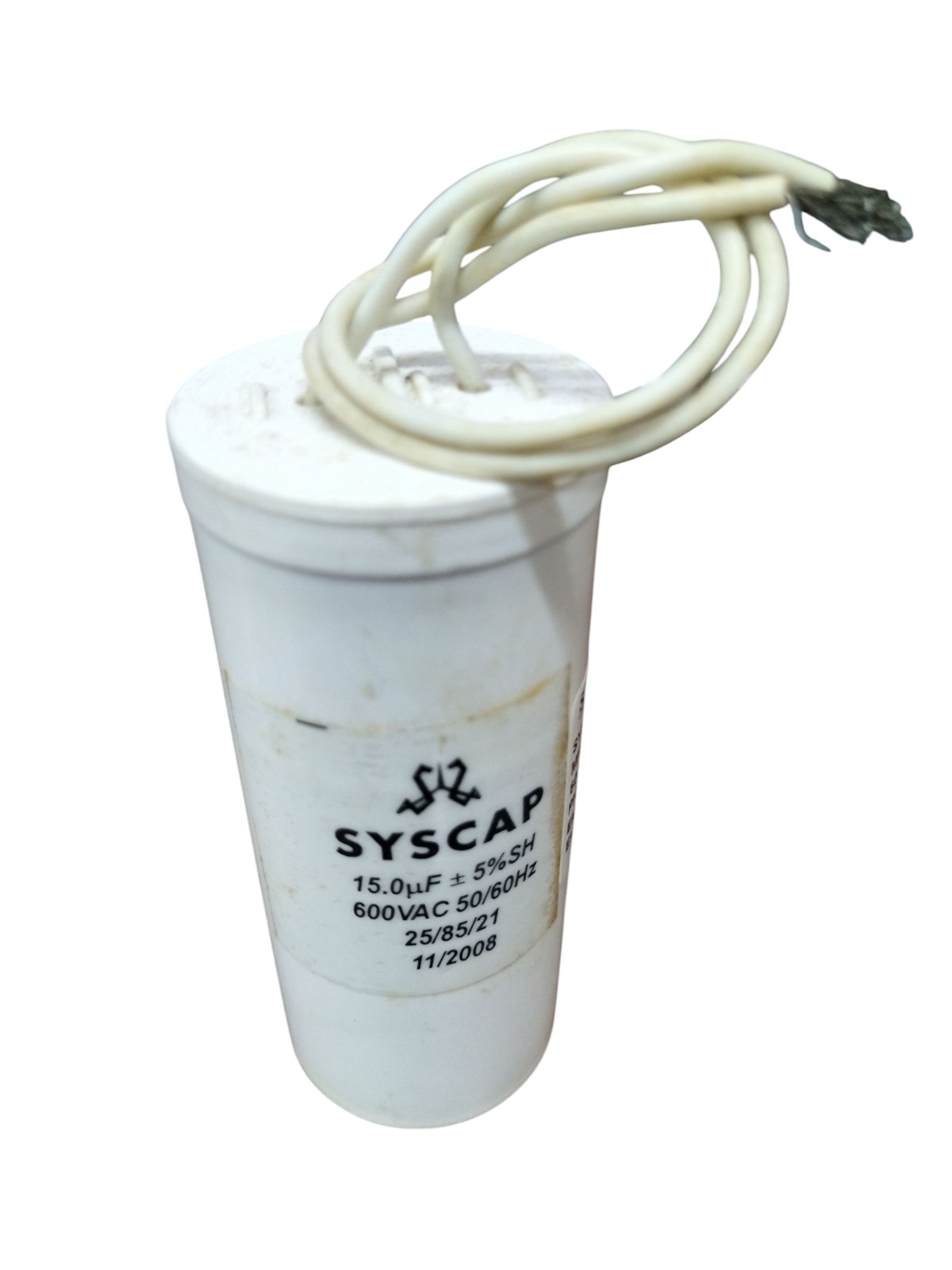 Syscap Running Capacitor 15uF 600V with wires, ideal for electrical circuitry applications