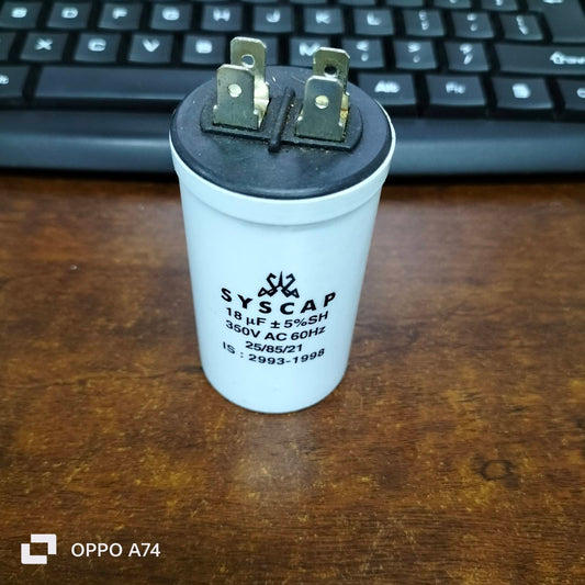 Syscap Running Capacitor 18MFD 350 VAC with two terminal connections for electrical applications