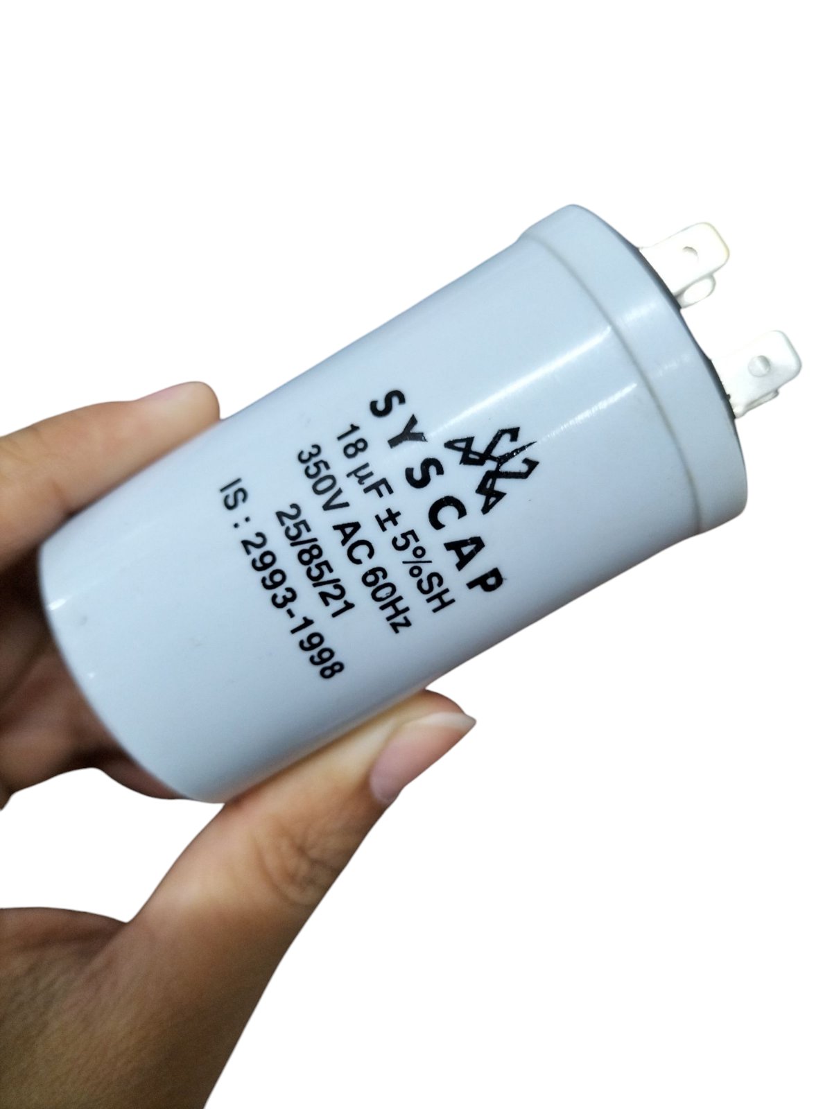 Syscap Running Capacitor 18MFD 350 VAC with dual terminals for electrical applications