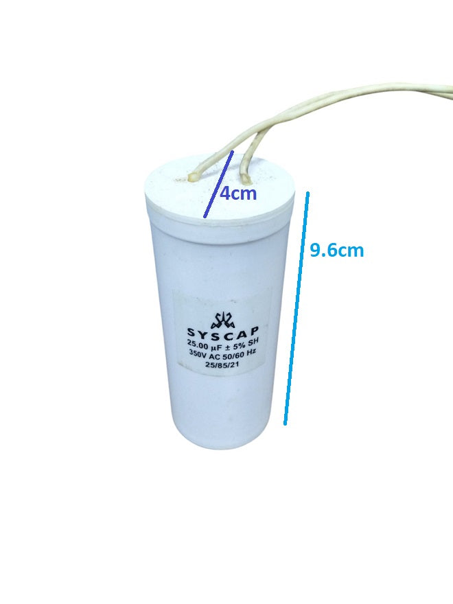 Syscap Running Capacitor 25MFD 350 VAC with 4cm diameter and 9.6cm height for electrical applications