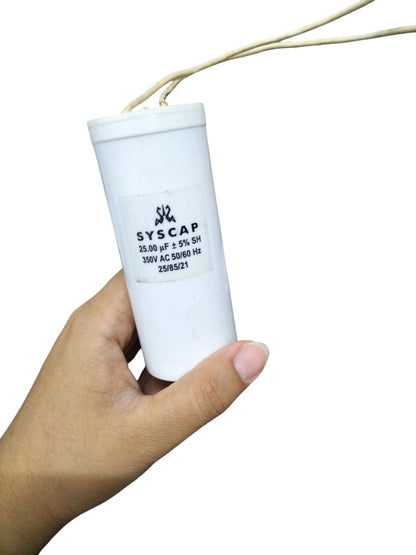 Syscap Running Capacitor 25MFD 350 VAC in Hand, Ideal for Electrical Applications