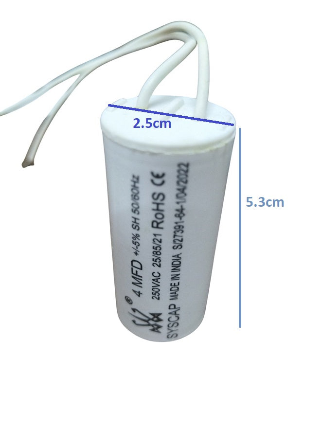 Syscap Running Capacitor 4MFD 250 VAC white cylindrical electrical component with wires