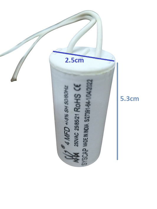 Syscap Running Capacitor 4MFD 250 VAC white cylindrical electrical component with wires