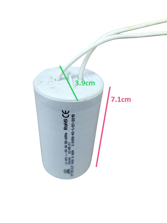 Syscap electrical capacitors for motors with white cylindrical body and attached wires