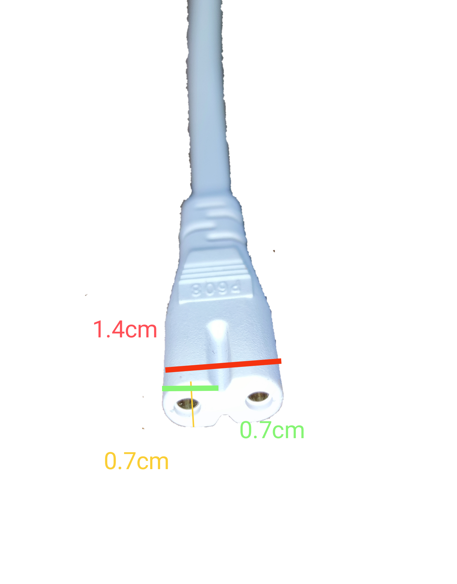 White T-5 AC cord connector 2 pin with cable and size measurements on black background