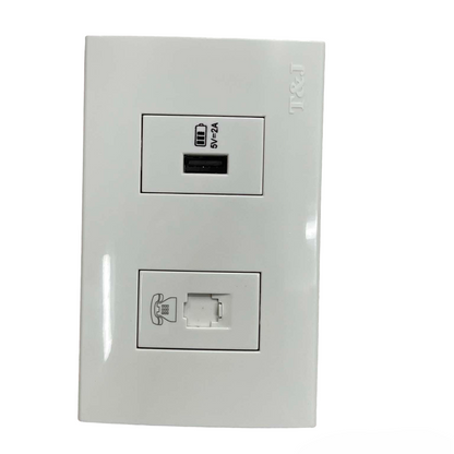 T&J 2 Gang USB 2.4A 5VDC and Tel Outlet wall plate with USB port and telephone jack