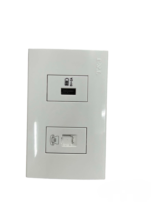 T&J 2 Gang USB 2.4A 5VDC and Tel Outlet wall plate with USB port and telephone jack