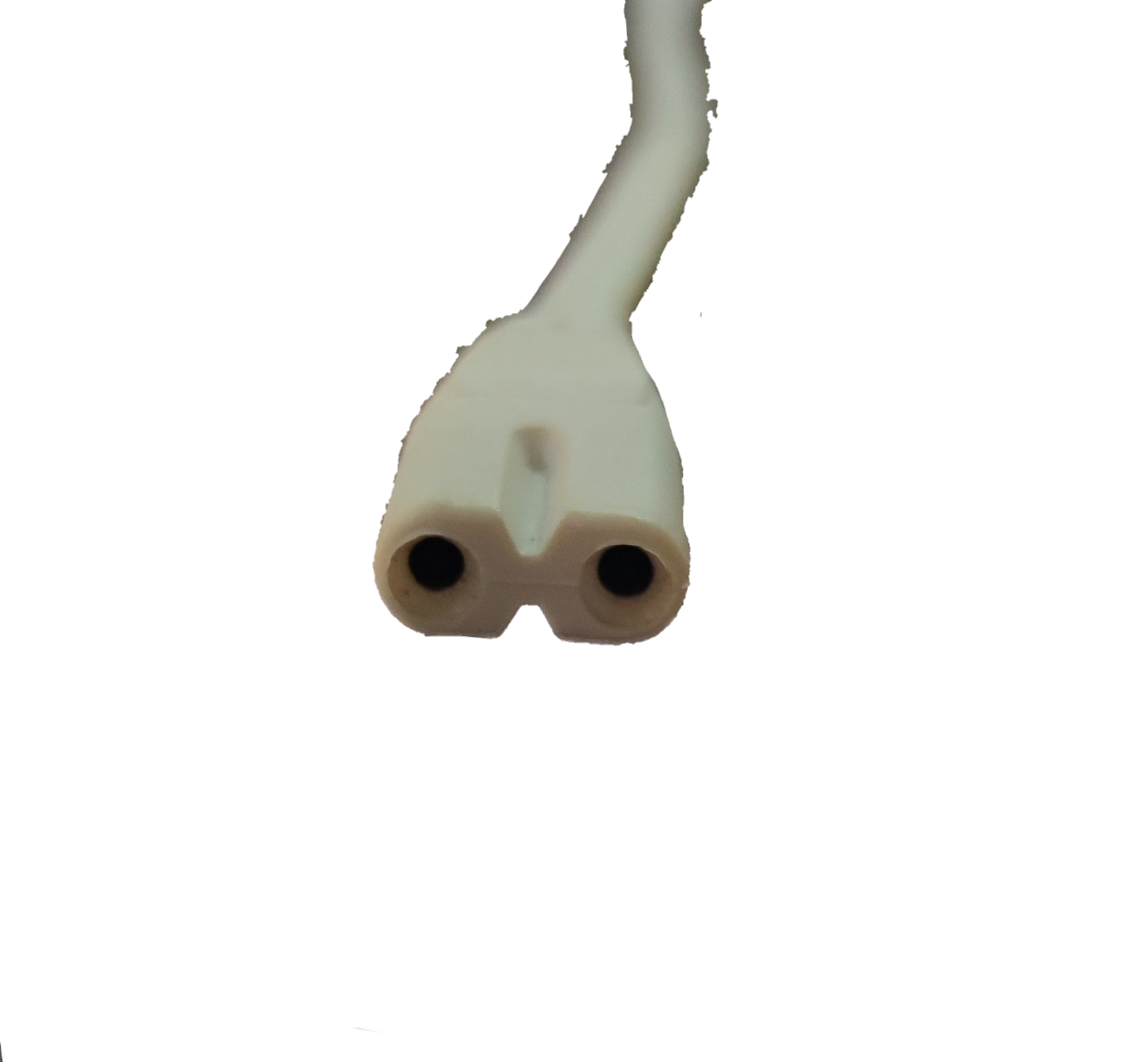 T5 AC cord connector end to end showing dual prongs for secure electrical connection