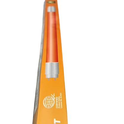 Shuta T8 LED Tube Light 18W Double Ended in orange packaging with certification label