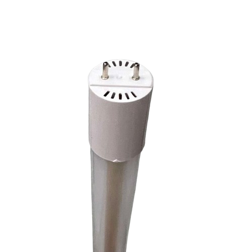 Shuta T8 LED Tube Light 18W Double Ended close-up view of one end with pins on black background