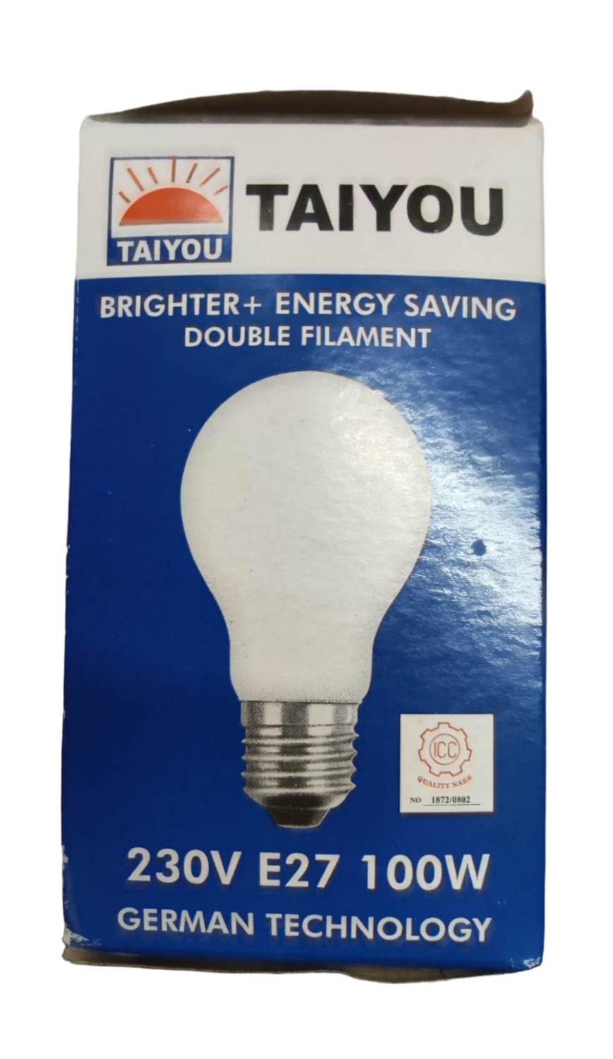 Taiyou 100W Incandescent Lamp E27 220V with double filament energy-saving bulb in blue and white packaging