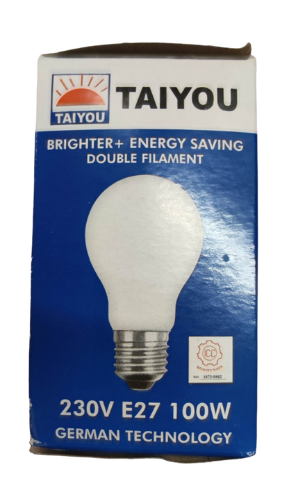 Taiyou 100W Incandescent Lamp E27 220V with double filament energy-saving bulb in blue and white packaging