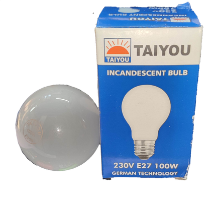 Taiyou 100W Incandescent Lamp E27 220V bulb next to blue and white packaging box with German technology label