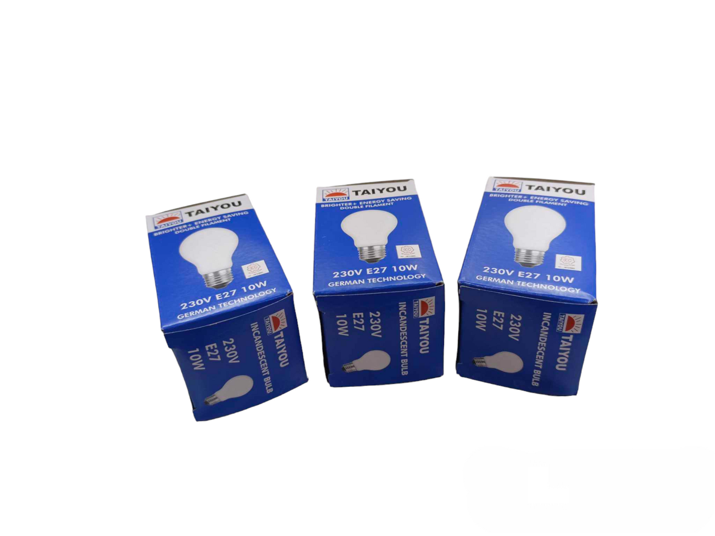 Taiyou 10W Bulb E27 220V incandescent bulbs in blue packaging with German technology label