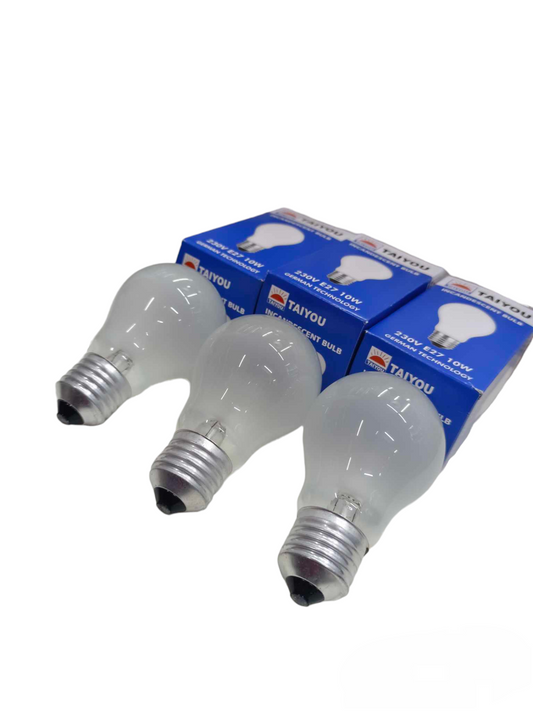 Taiyou incandescent 10W Bulb E27 220V with frosted glass and metal base, three bulbs with blue packaging