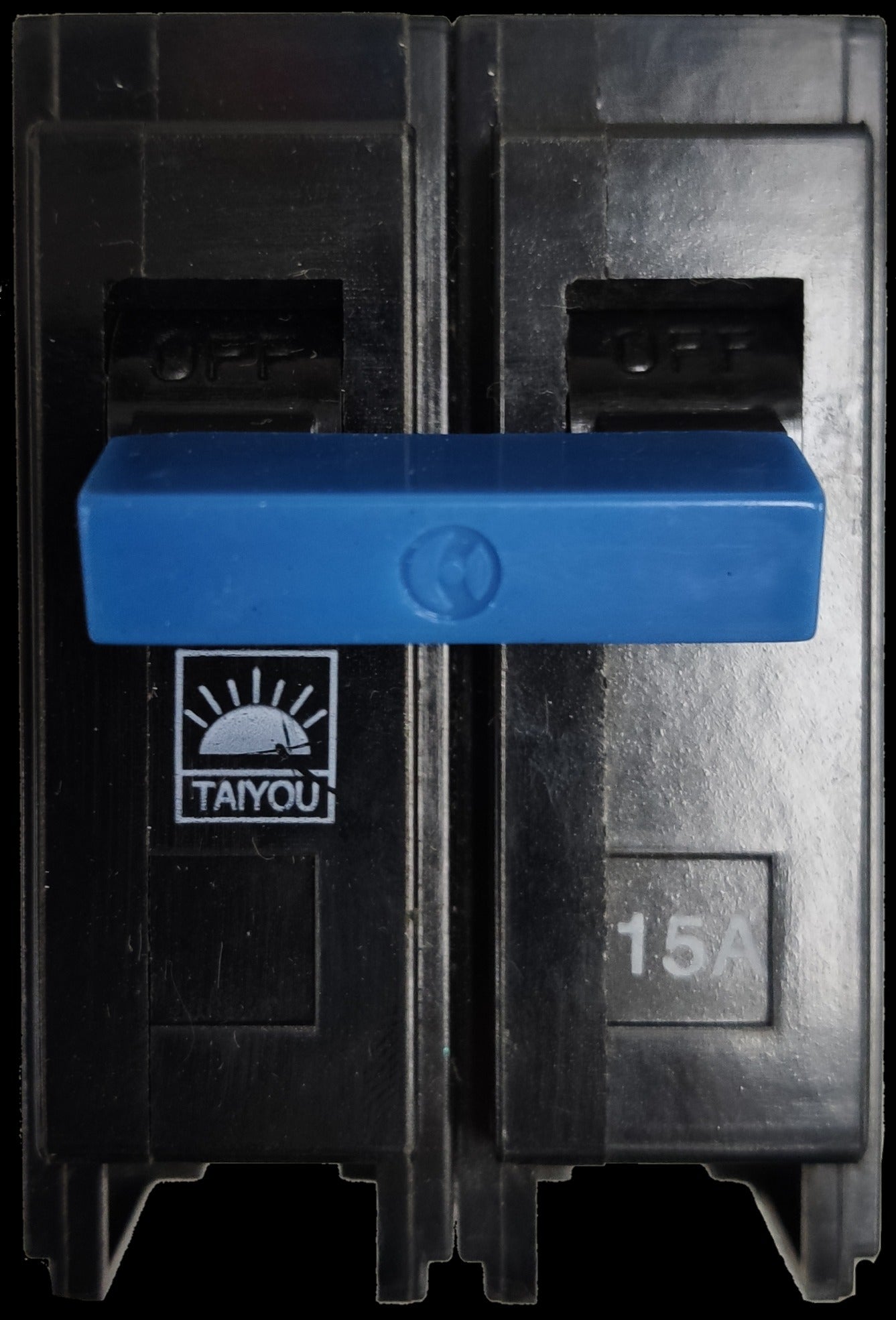 Taiyou 15A 2 Pole Circuit Breaker with blue switch handle in off position