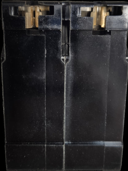 Close-up of Taiyou 15A 2 Pole Circuit Breaker showing black casing and brass connectors