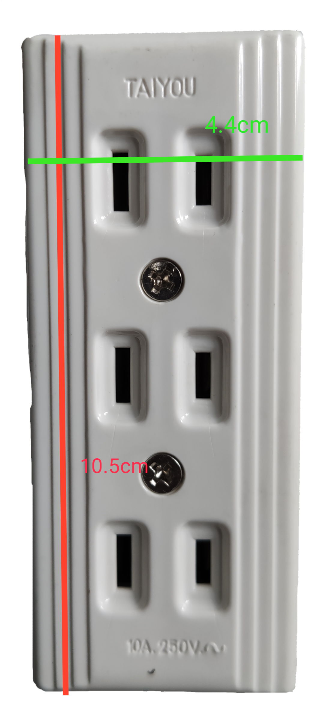 Taiyou 3 Gang Flat pin Outlet power strip with three white flat pin sockets and mounting screws