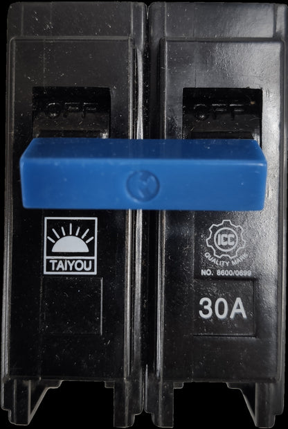 Taiyou 30A 2 Pole Circuit Breaker Plug-in Type with blue handle and quality mark