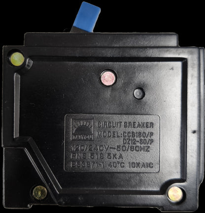 Taiyou 30A 2 Pole Circuit Breaker Plug-in Type black electrical component with label and blue switch