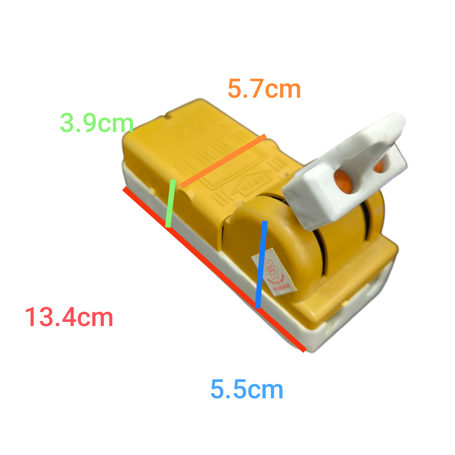 Taiyou 30A Knife Switch Single Throw Single Phase electrical component in yellow with white handle and dimension markings